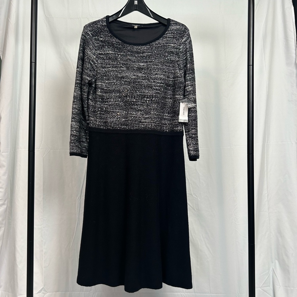 NWT Nine West Women’s Knit Cotton Blend Dress Silver/Black. Size L. Midi.